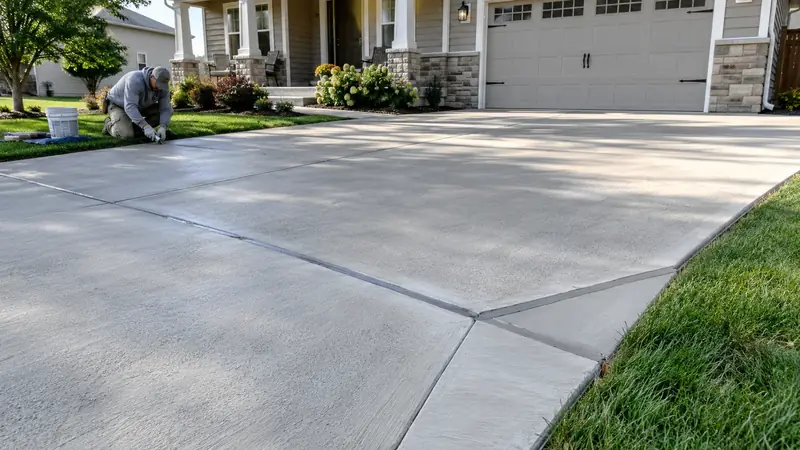 Concrete Driveway Repair in Cedar Rapids Residential driveway with a neatly repaired damaged corner and sealed cracks surrounded by sound original concrete.