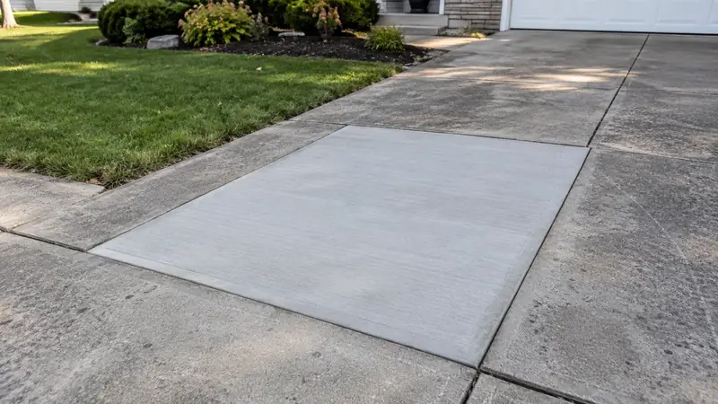 Concrete Driveway Slab Repair & Panel Replacement in Cedar Rapids One freshly replaced rectangular concrete panel surrounded by weathered but intact driveway slabs.