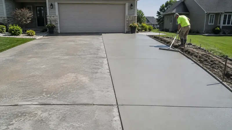 Concrete Driveway Widening in Cedar Rapids Fresh lateral concrete strip widening an older two-car driveway with a clear longitudinal joint.