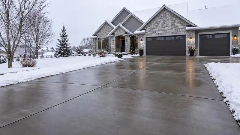 Heated Concrete Driveways in Cedar Rapids Upscale Iowa house in winter with a snow-free wet concrete driveway and snow-covered adjacent lawn and roof.
