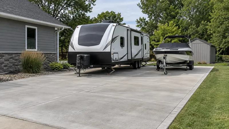 RV & Boat Concrete Parking Pads in Cedar Rapids Long reinforced-looking concrete parking pad beside a house supporting an unbranded travel trailer and boat trailer.