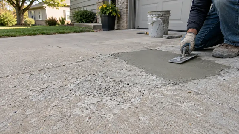 Spalling & Scaling Driveway Repair in Cedar Rapids Close view of shallow surface scaling on a driveway beside a freshly repaired cementitious surface patch.